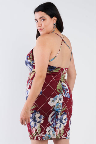 Plus Size Criss-cross Open Back Mini Floral Print Dress Look Up Deals