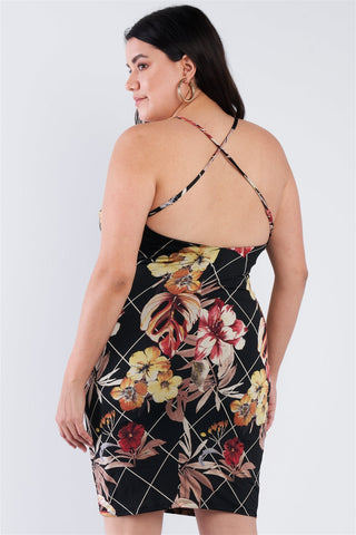 Plus Size Criss-cross Open Back Mini Floral Print Dress Look Up Deals