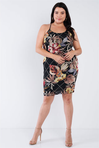 Plus Size Criss-cross Open Back Mini Floral Print Dress Look Up Deals