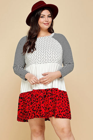 Plus Size Cute Polka Dot And Animal Print Contrast Swing Tiered Dress Look Up Deals