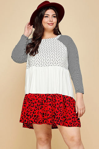 Plus Size Cute Polka Dot And Animal Print Contrast Swing Tiered Dress Look Up Deals