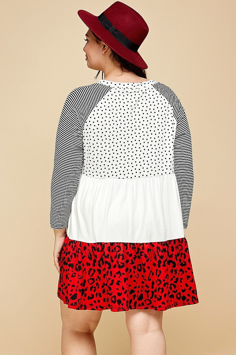 Plus Size Cute Polka Dot And Animal Print Contrast Swing Tiered Dress Look Up Deals