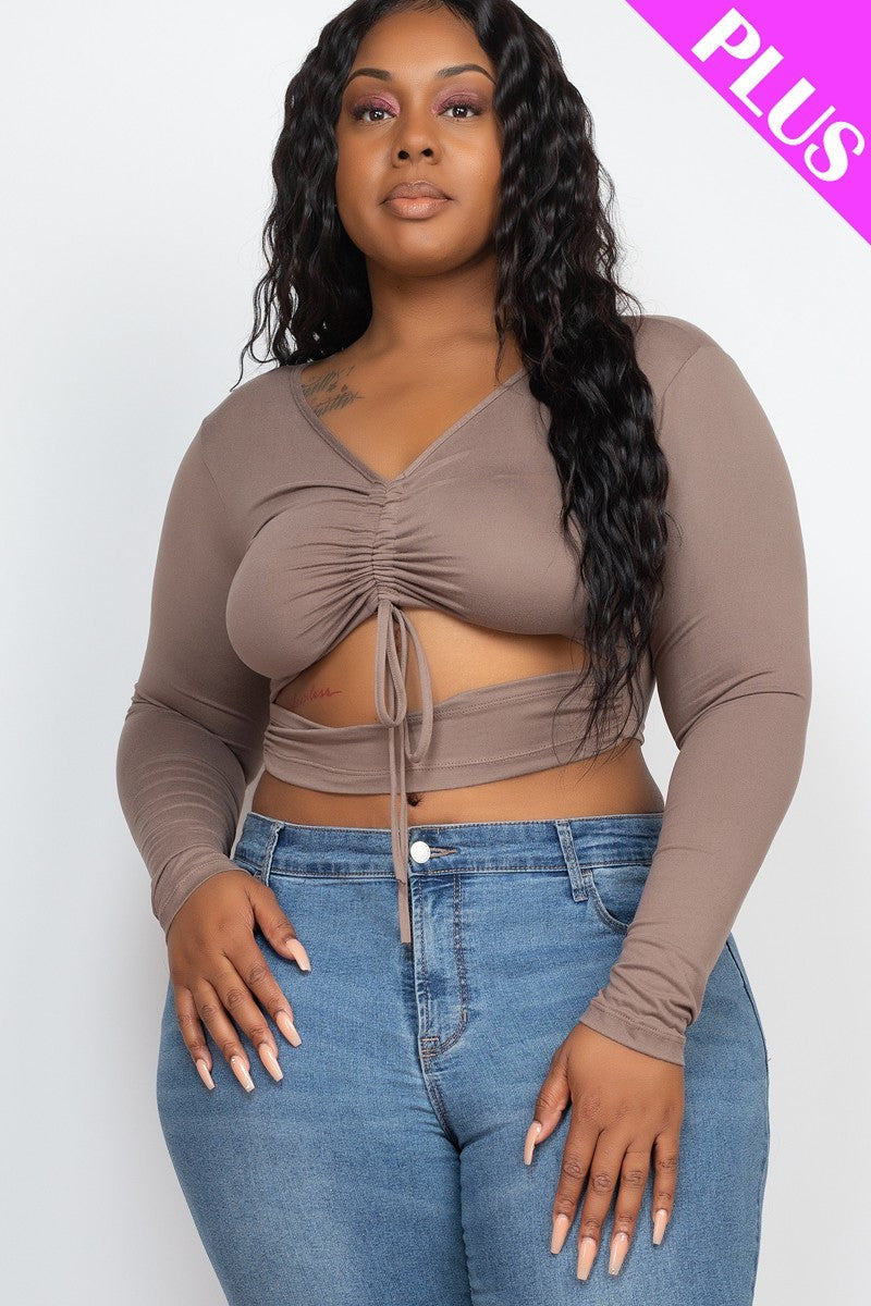 Plus Size Drawstring Ruched Cutout Crop Top Look Up Deals