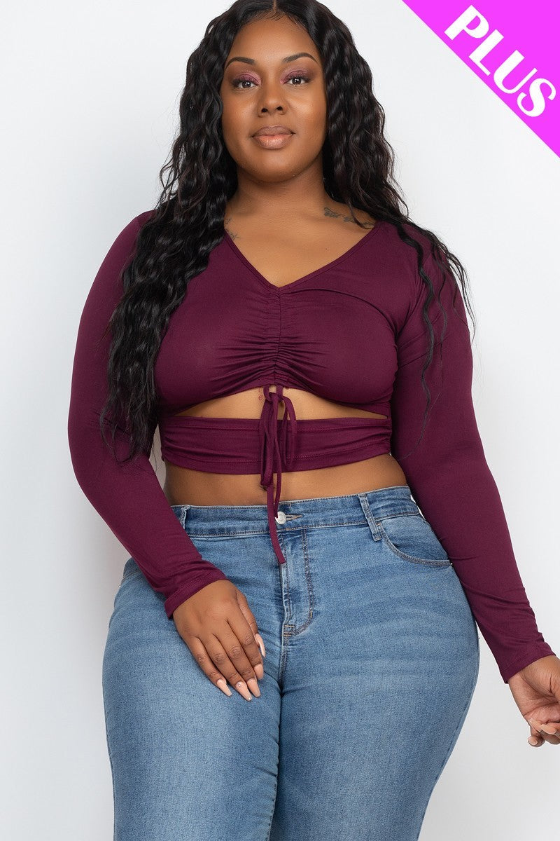 Plus Size Drawstring Ruched Cutout Crop Top Look Up Deals