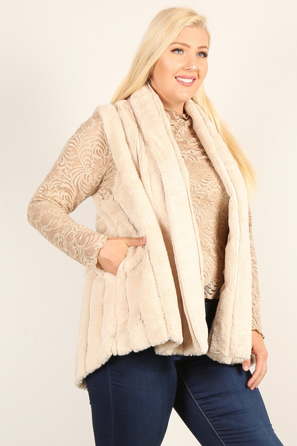 Plus Size Faux Fur Vest Jacket With Open Front, Hi-lo Hem, And Pockets Look Up Deals