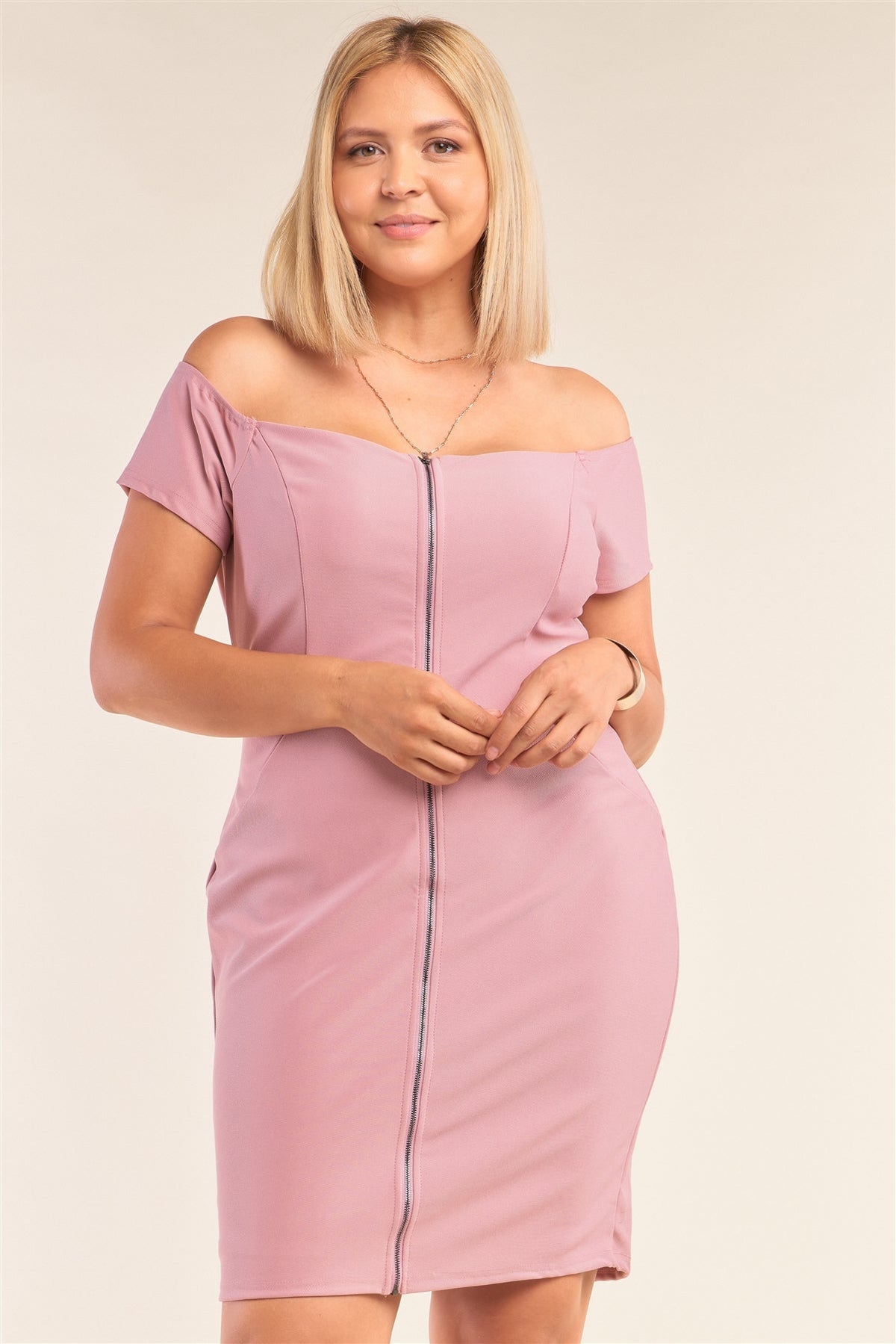 Plus Size Fitted Off-the-shoulder Front Zipper Bodycon Mini Dress Look Up Deals