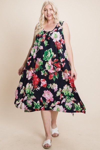 Plus Size Floral Bulgari Printed Tank Midi Dress With Asymmetrical Hem Look Up Deals