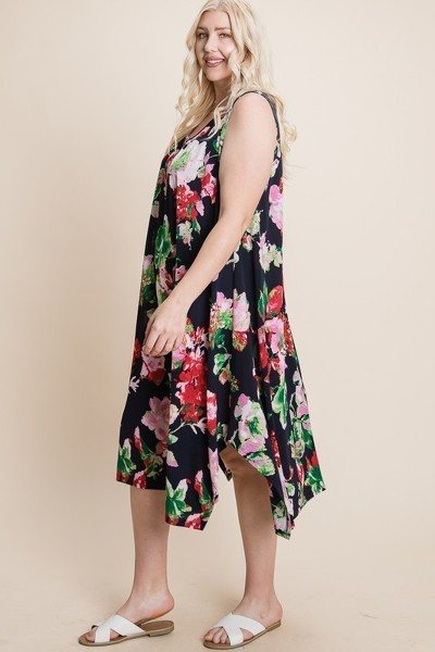 Plus Size Floral Bulgari Printed Tank Midi Dress With Asymmetrical Hem Look Up Deals