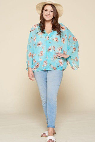 Plus Size Floral Chiffon Sheer Surplice Top Look Up Deals