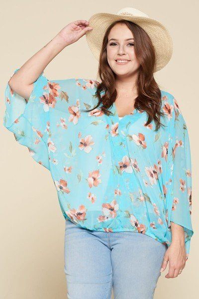 Plus Size Floral Chiffon Sheer Surplice Top Look Up Deals