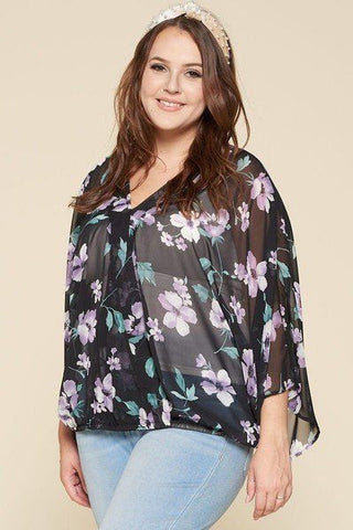 Plus Size Floral Chiffon Sheer Surplice Top Look Up Deals