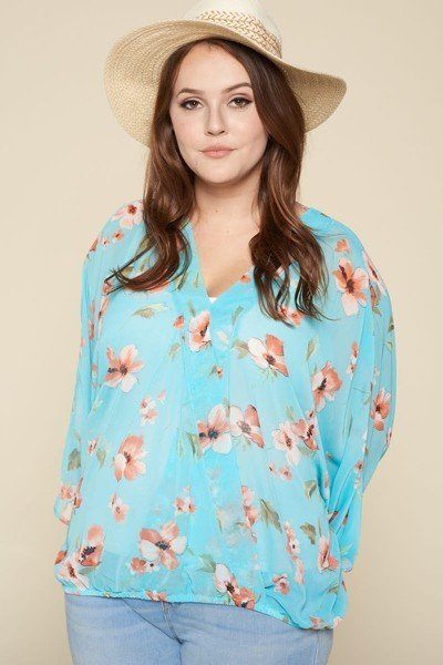 Plus Size Floral Chiffon Sheer Surplice Top Look Up Deals