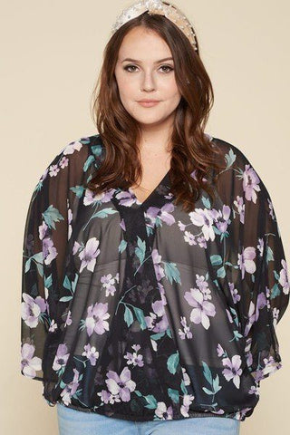 Plus Size Floral Chiffon Sheer Surplice Top Look Up Deals