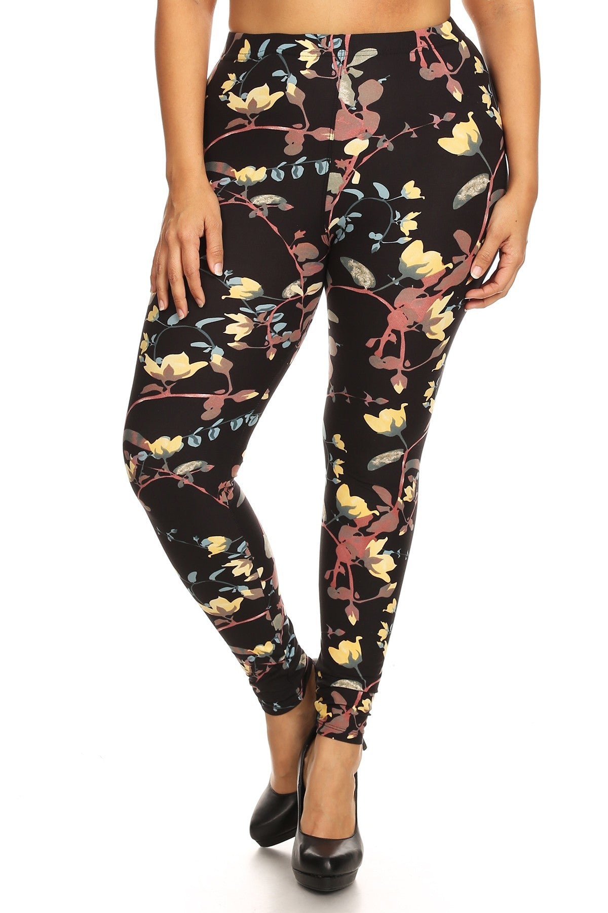 Plus Size Floral Print, Full Length Leggings In A Slim Fitting Style With A Banded High Waist Look Up Deals