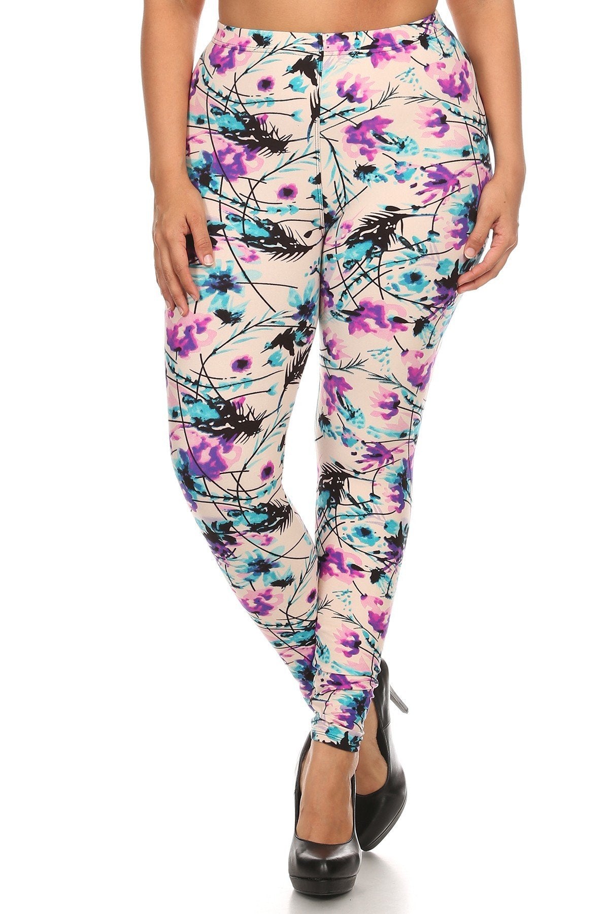 Plus Size Floral Print, Full Length Leggings In A Slim Fitting Style With A Banded High Waist Look Up Deals