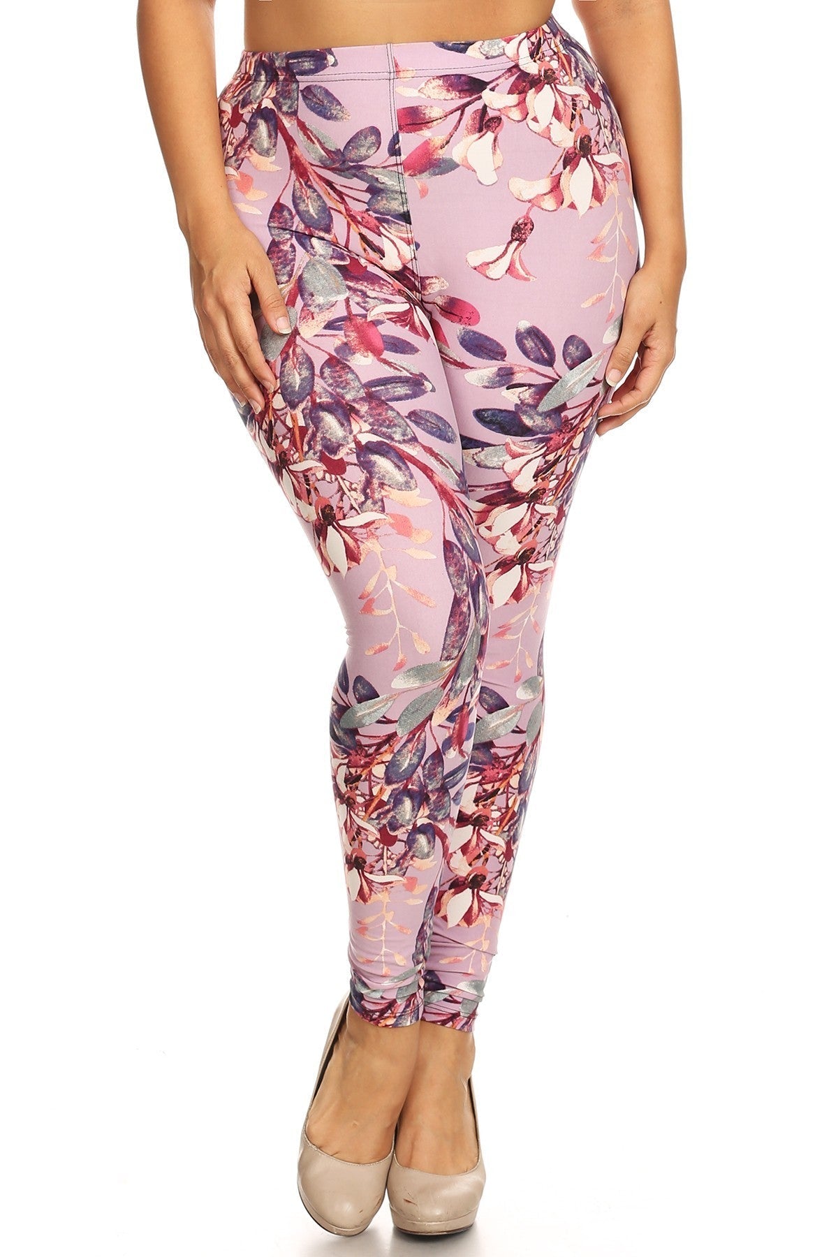 Plus Size Floral Print, Full Length Leggings In A Slim Fitting Style With A Banded High Waist Look Up Deals