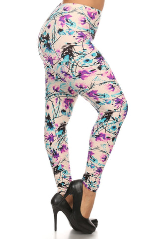 Plus Size Floral Print, Full Length Leggings In A Slim Fitting Style With A Banded High Waist Look Up Deals