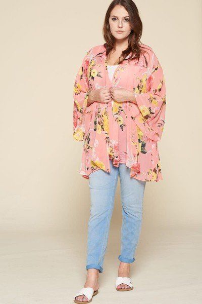 Plus Size Floral Printed Oversize Flowy And Airy Kimono With Dramatic Bell Sleeves Look Up Deals