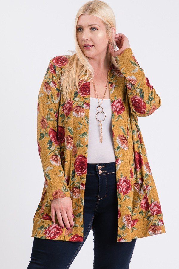 Plus Size Flower Print Pocket Flower Print Hacci Cardigan Look Up Deals