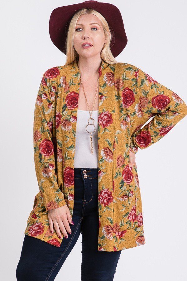 Plus Size Flower Print Pocket Flower Print Hacci Cardigan Look Up Deals