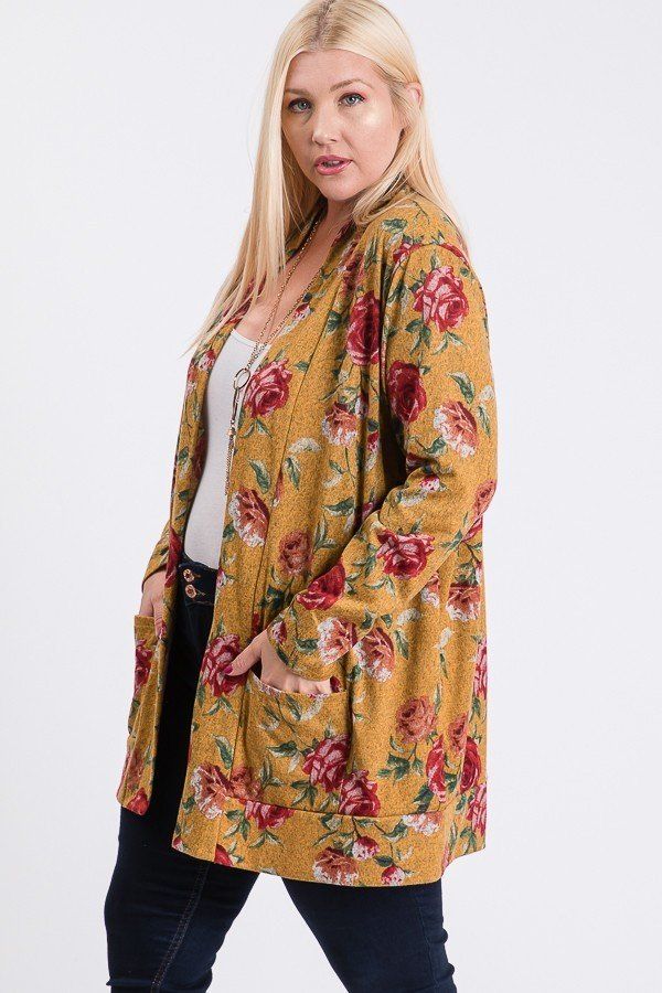 Plus Size Flower Print Pocket Flower Print Hacci Cardigan Look Up Deals