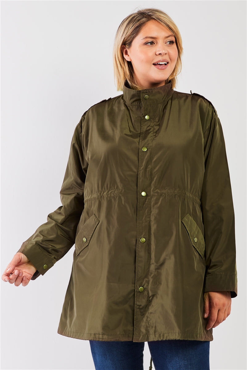 Plus Size Glossy Drawstring Hem Button-down Coach Jacket Look Up Deals