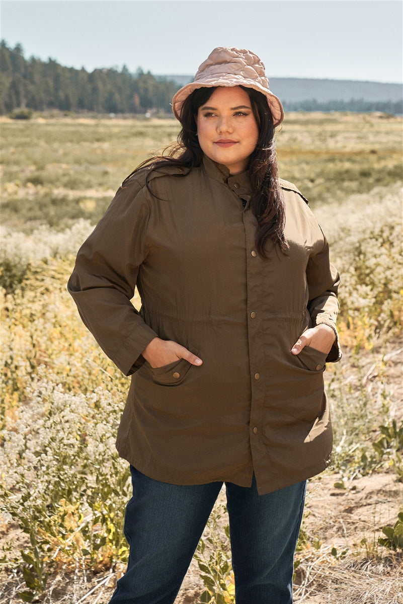 Plus Size Glossy Drawstring Hem Button-down Coach Jacket Look Up Deals