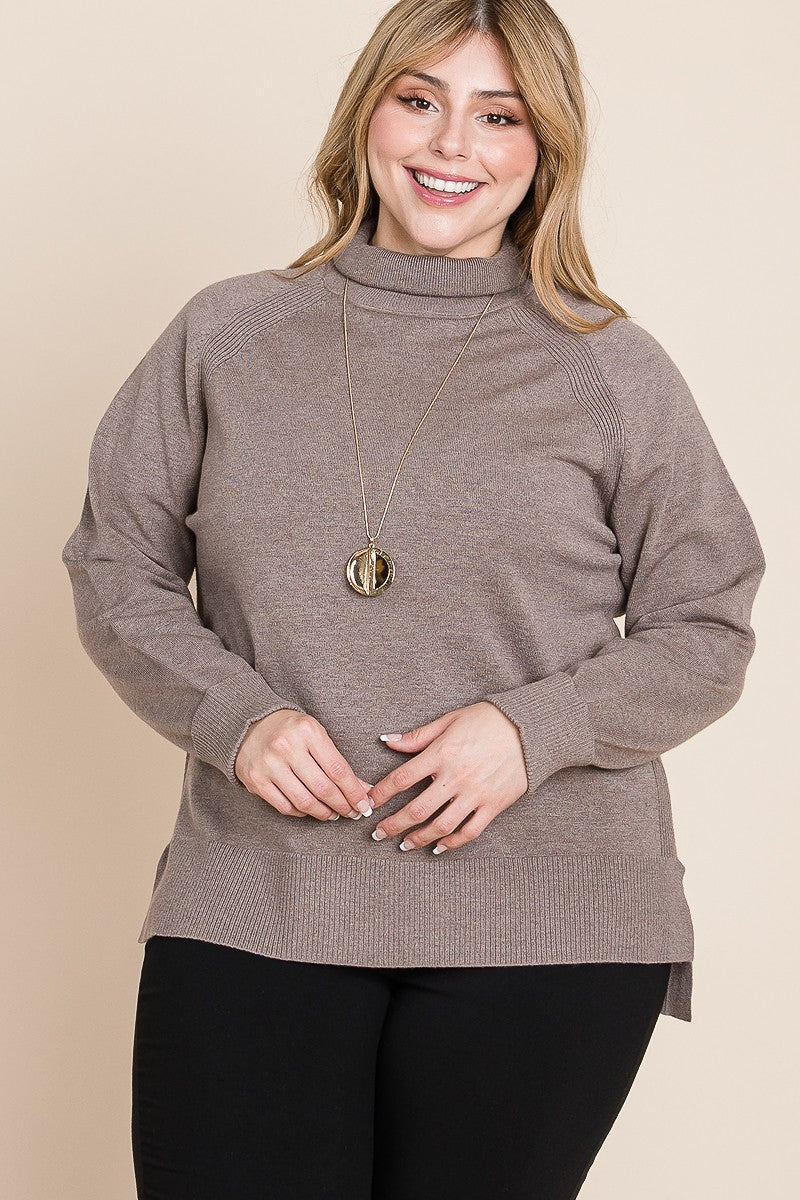 Plus Size High Quality Buttery Soft Solid Knit Turtleneck Two Tone High Low Hem Sweater Look Up Deals