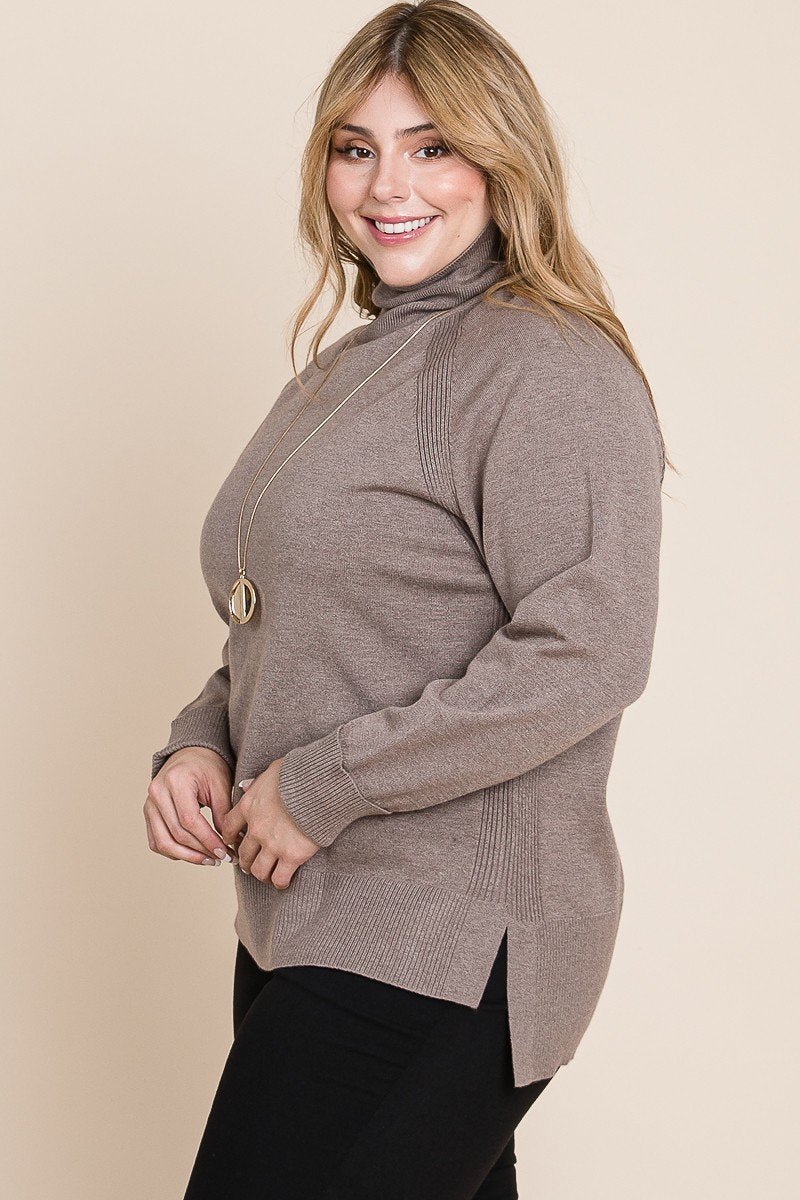 Plus Size High Quality Buttery Soft Solid Knit Turtleneck Two Tone High Low Hem Sweater Look Up Deals