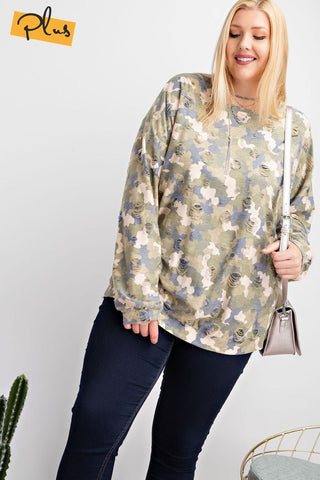 Plus Size Long Sleeve Distressed Printed Rayon Pullover Top Look Up Deals