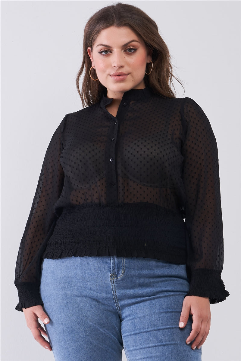 Plus Size Mesh Polka Dot Balloon Sleeve Button-down Smock Detail Blouse Top Look Up Deals