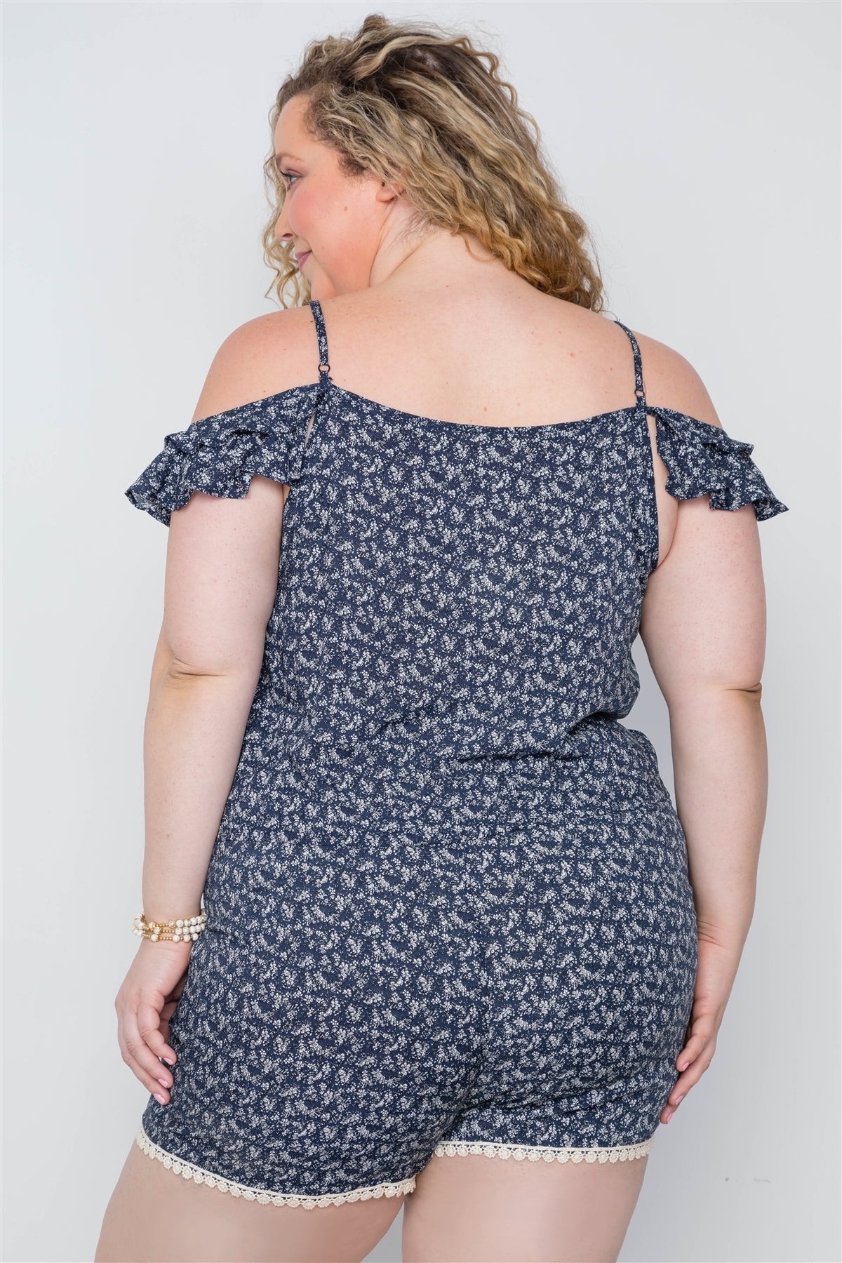 Plus Size Navy Floral Print Lace Up Romper Look Up Deals