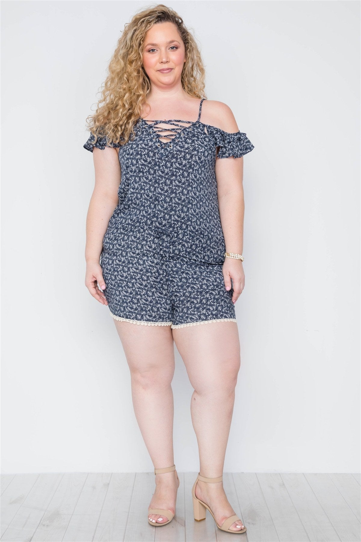 Plus Size Navy Floral Print Lace Up Romper Look Up Deals