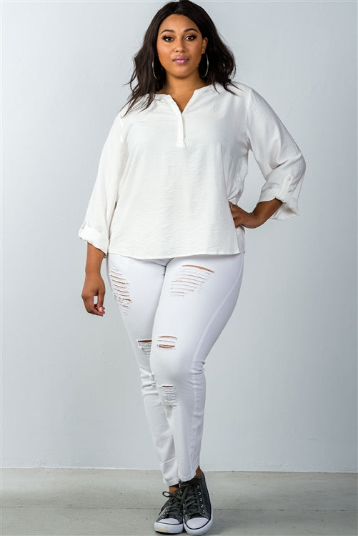 Plus Size Oatmeal Stand-up Collar Roll Tab Sleeve Blouse Look Up Deals