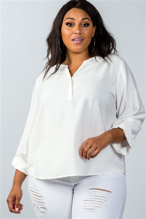 Plus Size Oatmeal Stand-up Collar Roll Tab Sleeve Blouse Look Up Deals