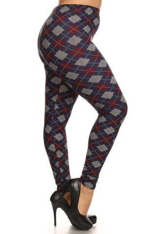 Plus Size Plaid Graphic Printed Knit Legging With Elastic Waist Detail Look Up Deals