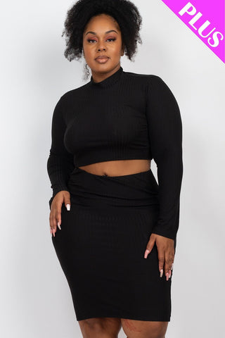 Plus Size Ribbed Mock Neck Crop Top & Midi Skirt Set Look Up Deals