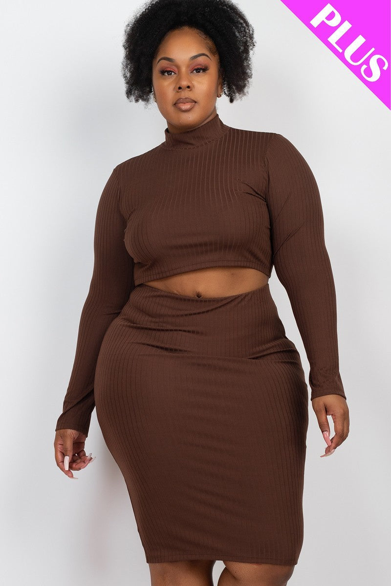 Plus Size Ribbed Mock Neck Crop Top & Midi Skirt Set Look Up Deals