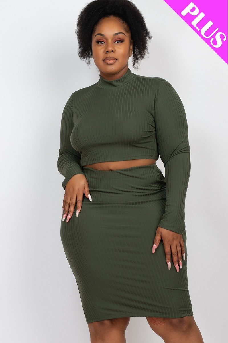 Plus Size Ribbed Mock Neck Crop Top & Midi Skirt Set Look Up Deals