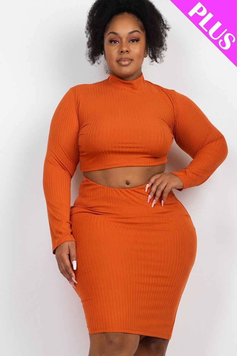 Plus Size Ribbed Mock Neck Crop Top & Midi Skirt Set Look Up Deals