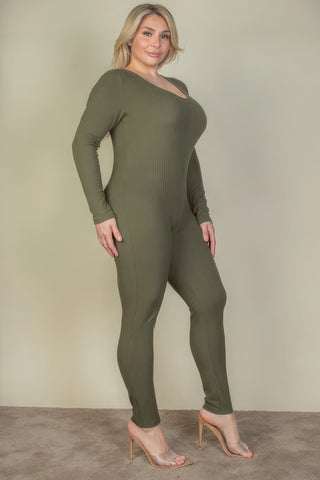 Plus Size Ribbed Scoop Neck Long Sleeve Jumpsuit Look Up Deals