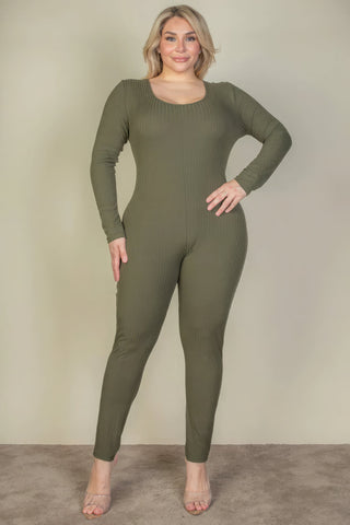 Plus Size Ribbed Scoop Neck Long Sleeve Jumpsuit Look Up Deals