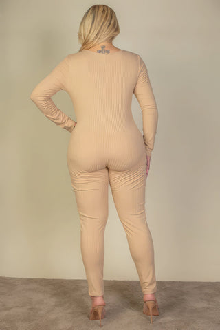 Plus Size Ribbed Scoop Neck Long Sleeve Jumpsuit Look Up Deals