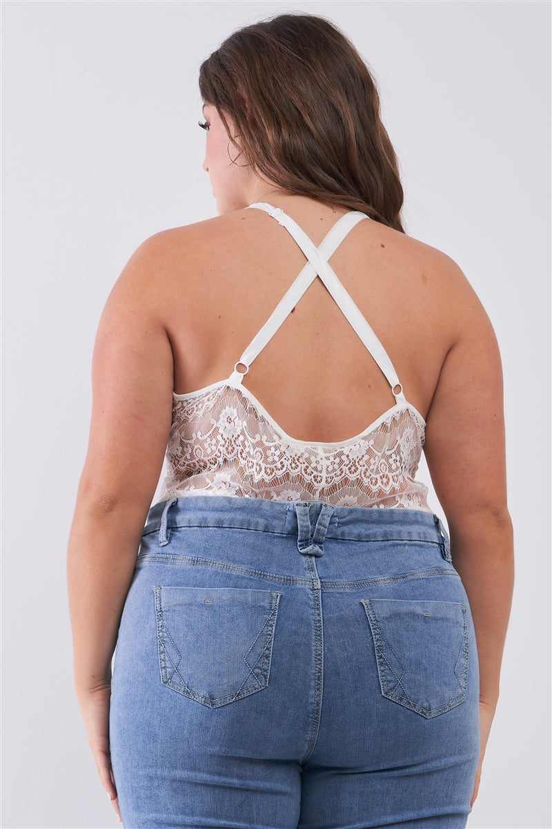 Plus Size Sheer Lace Sleeveless V-neck Criss-cross Back Strap Bodysuit Look Up Deals