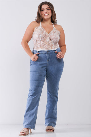 Plus Size Sheer Lace Sleeveless V-neck Criss-cross Back Strap Bodysuit Look Up Deals