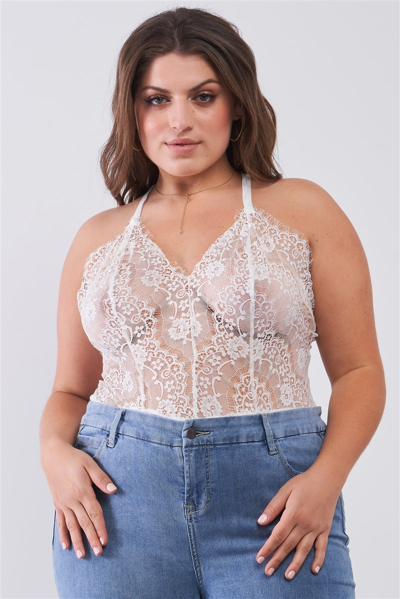 Plus Size Sheer Lace Sleeveless V-neck Criss-cross Back Strap Bodysuit Look Up Deals