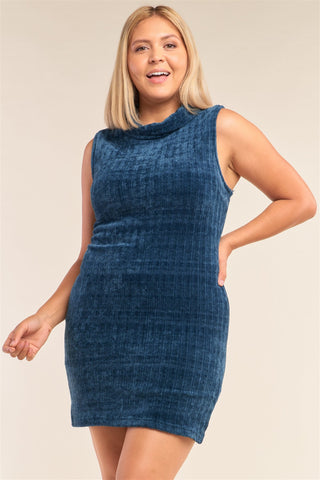 Plus Size Sleeveless Ribbed Knit Semi-turtleneck Mini Dress Look Up Deals