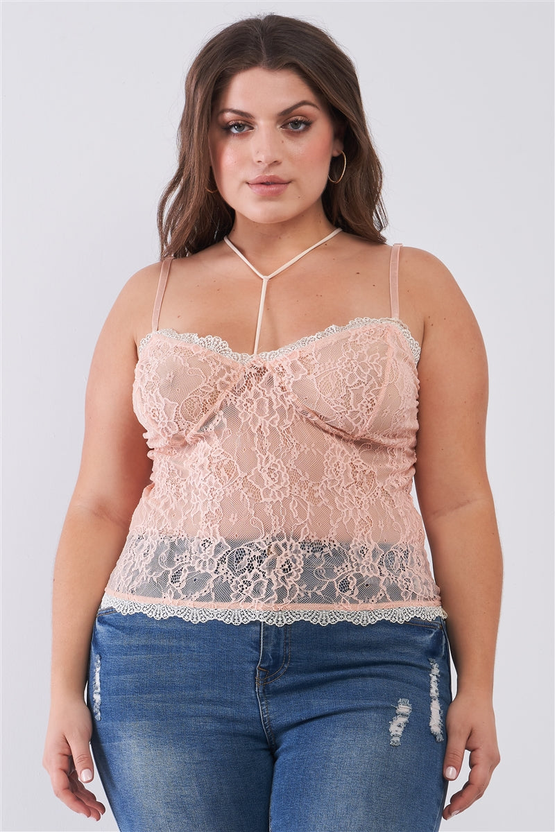 Plus Size Sleeveless Sheer Lace Halter Neck Detail Bustier Top Look Up Deals