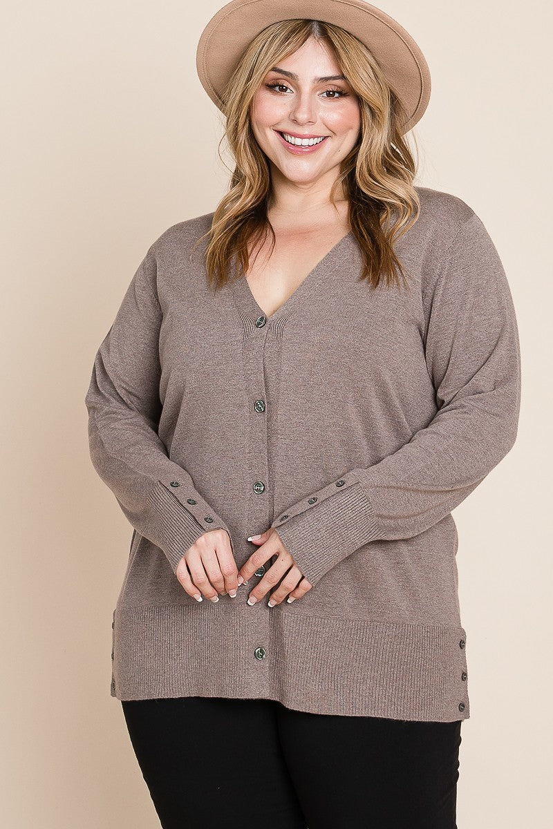 Plus Size Solid Buttery Soft V Neck Button Up High Quality Two Tone Knit Cardigan Look Up Deals