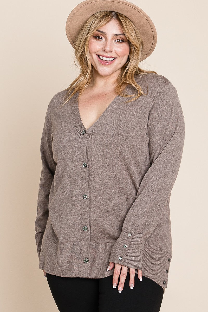 Plus Size Solid Buttery Soft V Neck Button Up High Quality Two Tone Knit Cardigan Look Up Deals